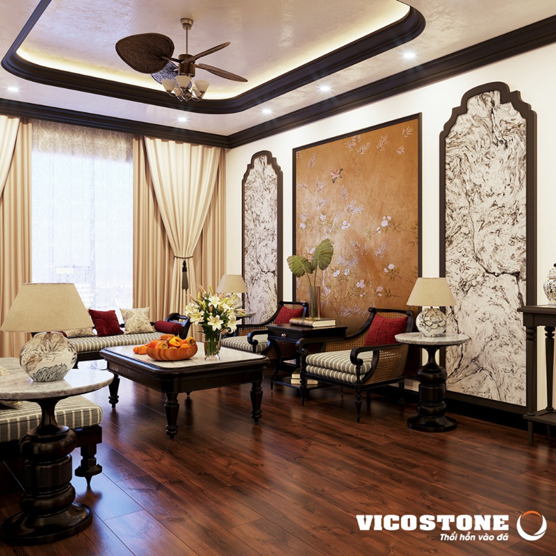 Phong cách Indochine giai đoạn 2025 - 2030 sẽ chứng kiến sự lên ngôi của những vật liệu bền vững, thân thiện với môi trường như đá nhân tạo VICOSTONE
