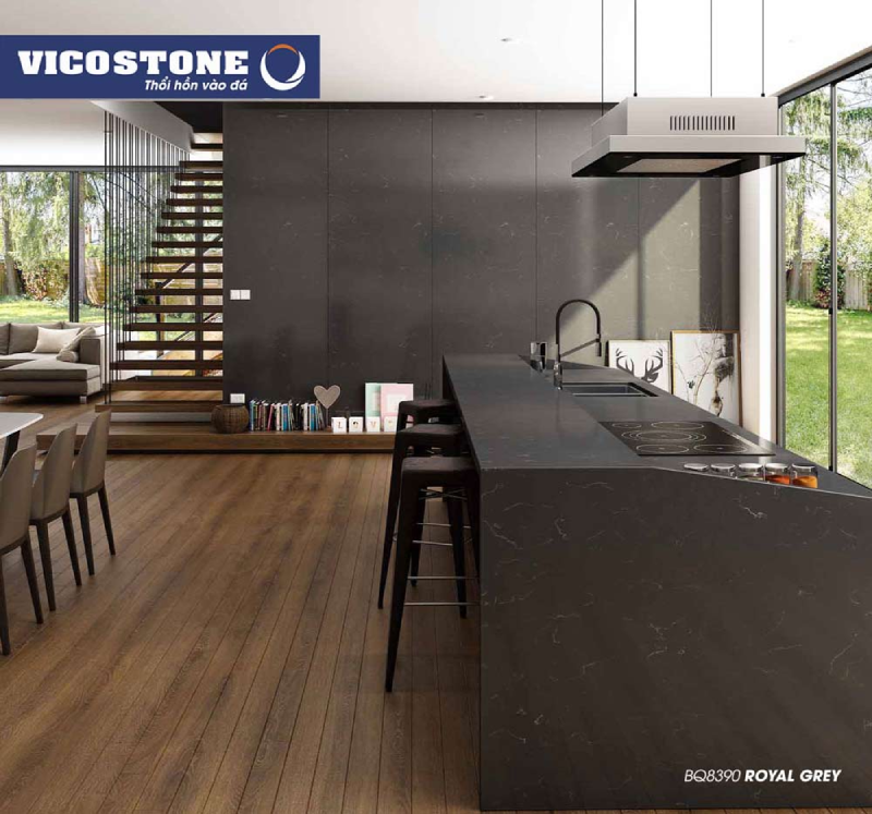 Mẫu quầy bar bếp ốp đá VICOSTONE Royal Grey BQ8390 với tông màu đen cao cấp, sang trọng mà huyền bí, phù hợp với những không gian bếp rộng rãi, thoải mái