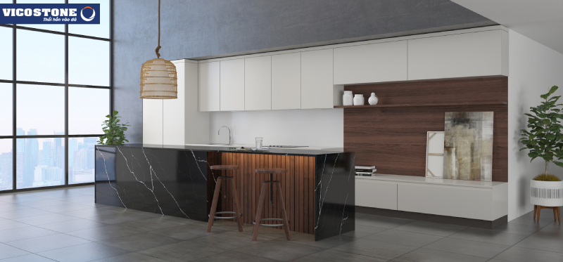 Quầy bar bếp ốp đá nhân tạo Nero Marquina vân trắng trên nền đen sang trọng