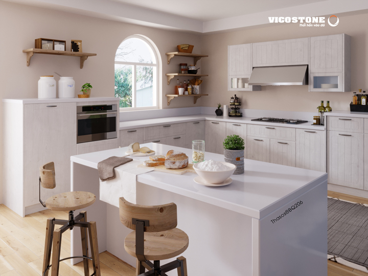 đá vicostone Thasos BQ206 bàn đảo bếp trắng