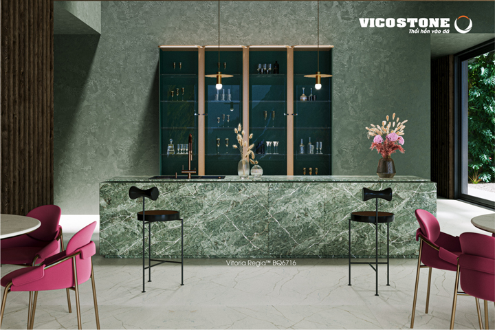 đá vicostone Vitoria Regia BQ6716 quầy đảo bếp xanh